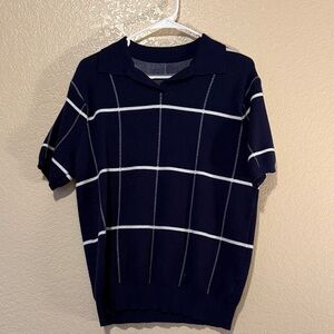 Navy Blue Checkered Knit Polo Shirt